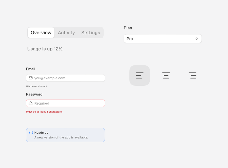 fossui tabs, a text field, a select, an alert, and a toggle group, all with squircle corners