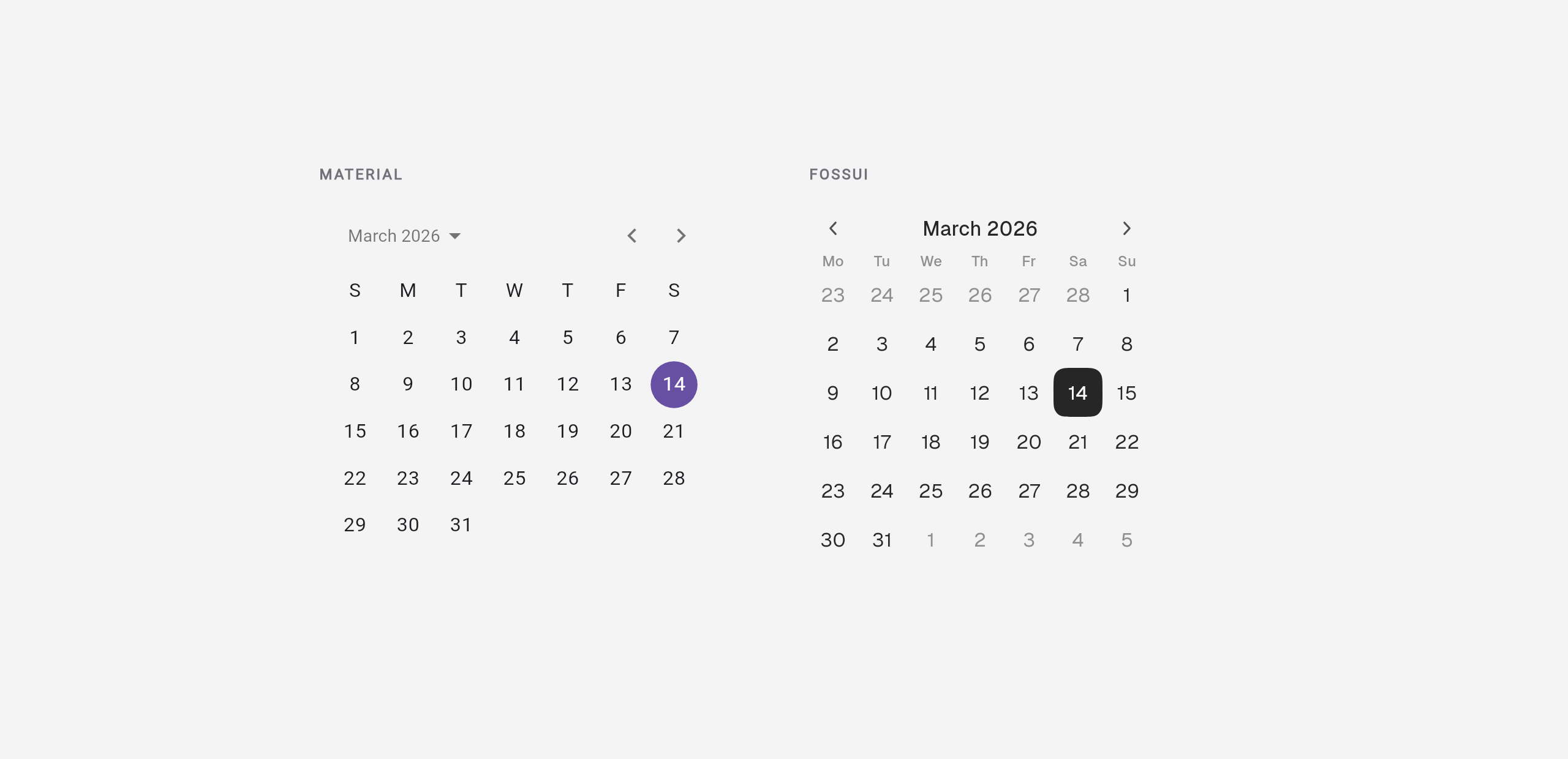 A Material calendar next to a fossui calendar