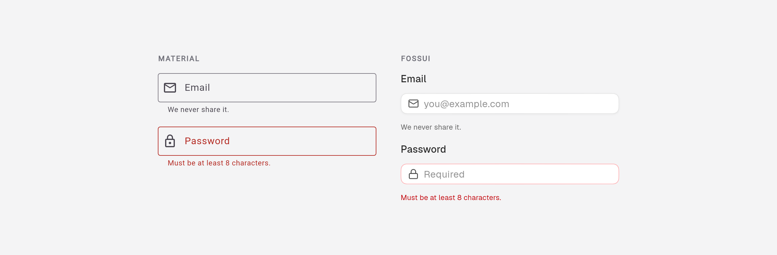Material and fossui text fields with helper and error states