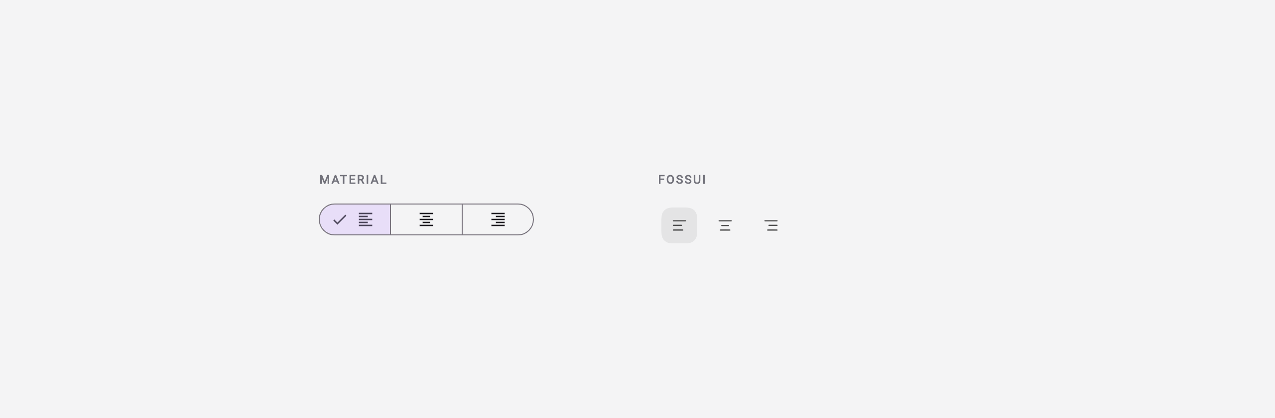 Material segmented button next to a fossui toggle group